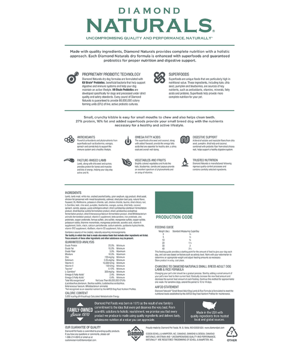 Diamond Naturals - Small Breed, Adult Dry Dog Food, With Lamb & Rice - 2kg