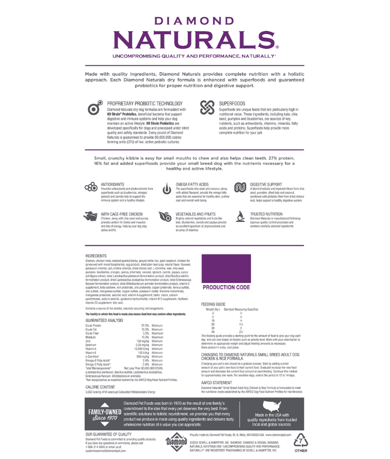 Diamond Naturals - Small Breed, Adult Dry Dog Food, With Chicken - 2kg