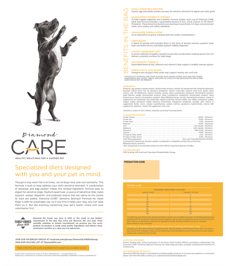 Diamond Care - Sensitive Stomach Formula, Adult All Breed Sizes Dry Dog Food, Digestive Support – 3.63 kg