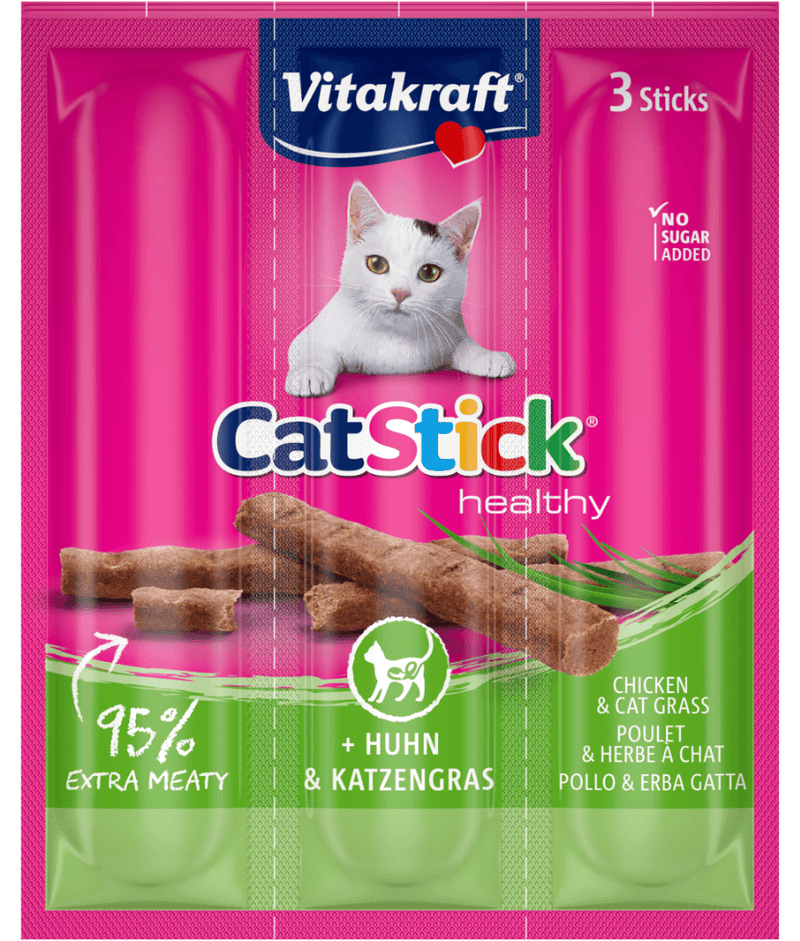 Vitakraft - CatStick, 3 Healthy Soft Sticks With Chicken and Cat Grass For a Healthy Digestion - 18g