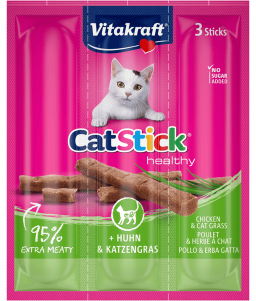 Vitakraft - CatStick, 3 Healthy Soft Sticks With Chicken and Cat Grass For a Healthy Digestion - 18g