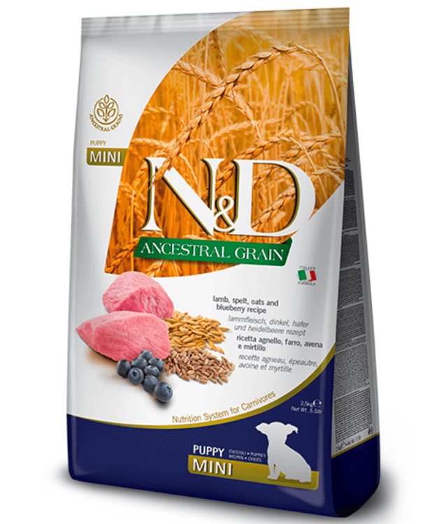 Farmina - N&D Ancestral Grain, Lamb & Blueberry Puppy Dry Dog Food For Mini and Small Breeds 2.5kg
