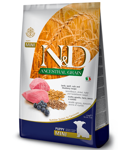 Farmina - N&D Ancestral Grain, Lamb & Blueberry Puppy Dry Dog Food For Mini and Small Breeds 2.5kg