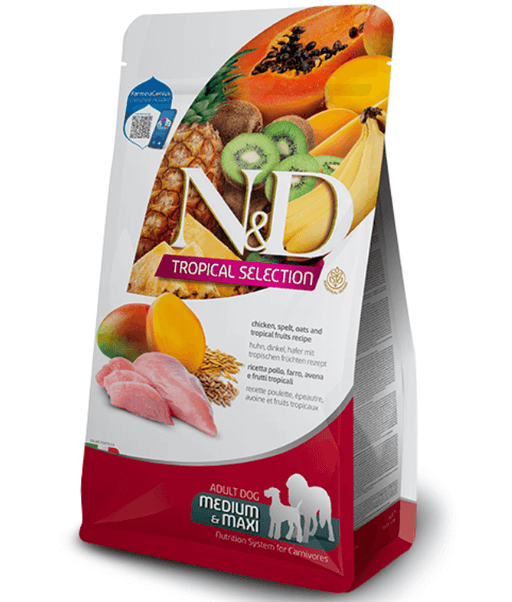 Farmina - N&D Tropical Selection, Chicken and Tropical Fruits Adult Dry Dog Food For Medium & Maxi Breeds 10kg