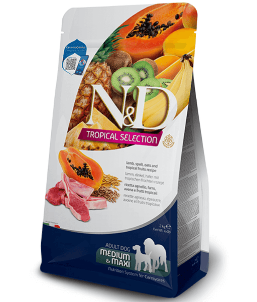 Farmina - N&D Tropical Selection, Lamb and Tropical Fruits Adult Dry Dog Food For Medium & Maxi Breeds 10kg