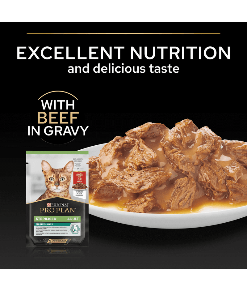 Purina Pro Plan Sterilised Wet Cat Food, Beef in Gravy, 85gx10