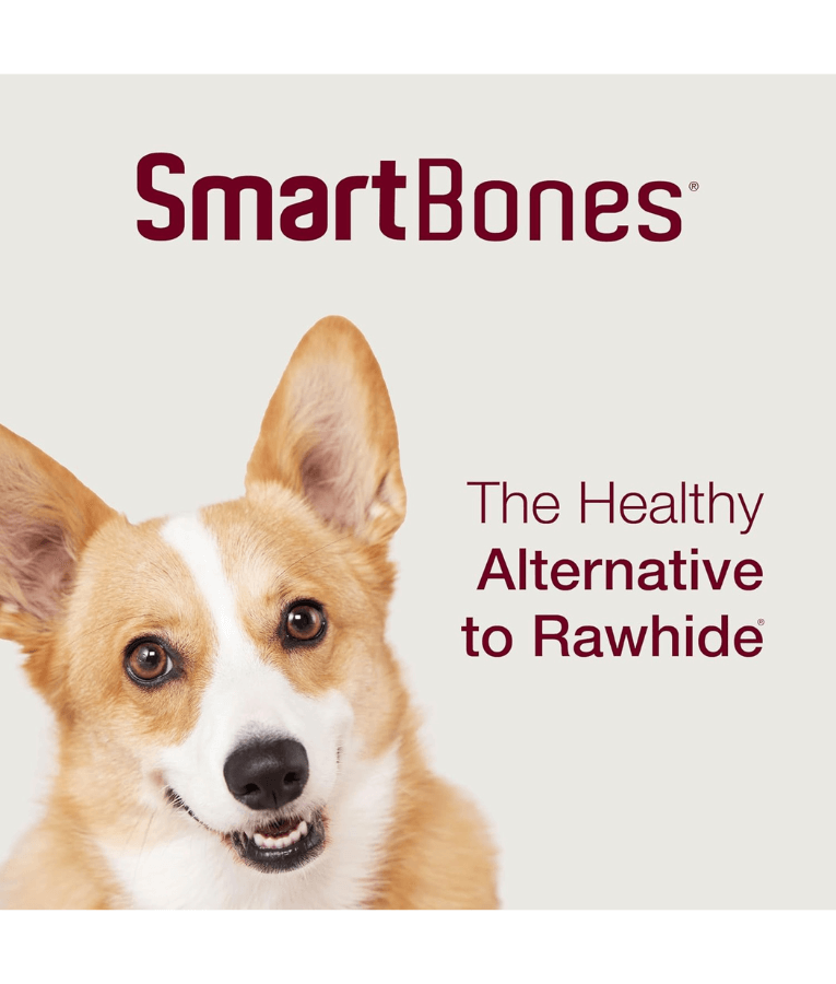 SmartBones logo with a happy dog promoting rawhide-free dog chews as a healthy alternative to rawhide.