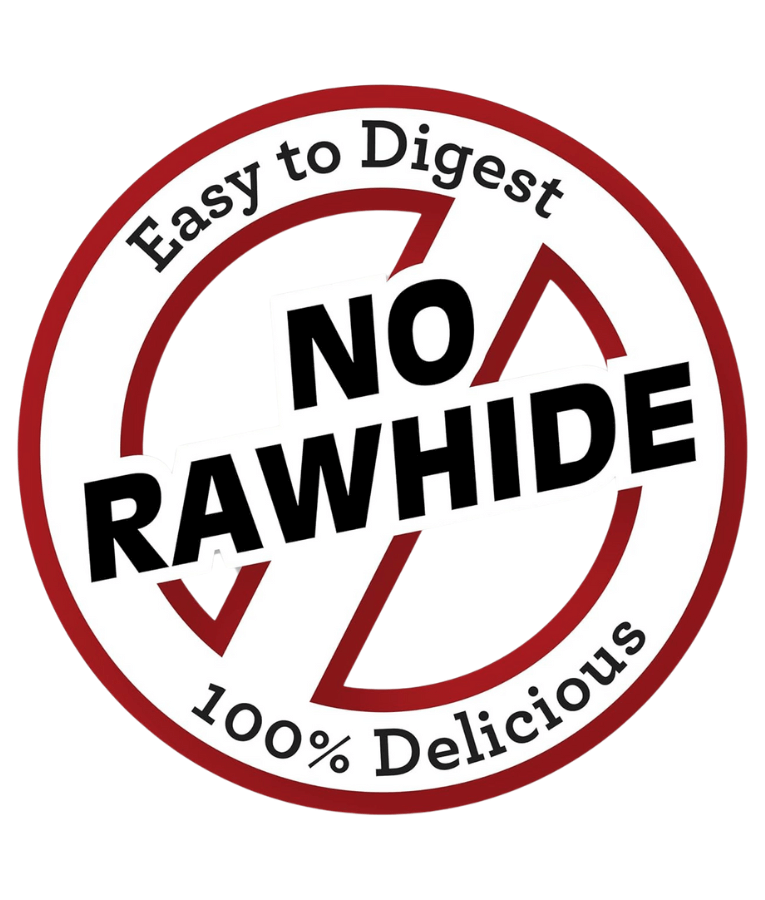 No rawhide symbol indicating easy to digest rawhide-free dog chews, promoting deliciousness for dogs.