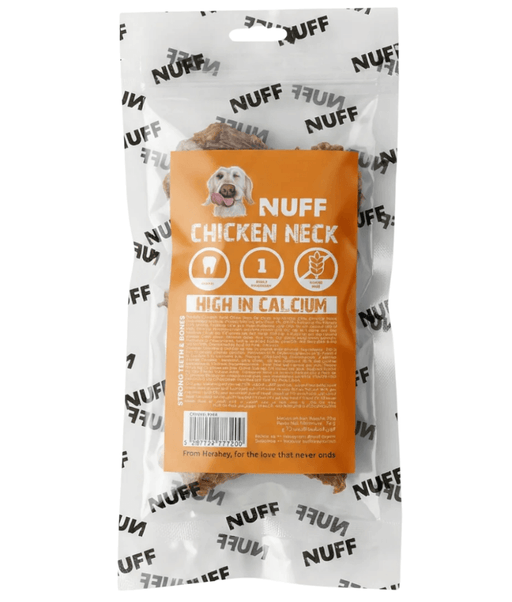 NUFF - Air-Dried Chicken Necks, Natural Calcium & Joint Support Chew for Dogs - 70g packaging with high calcium label.