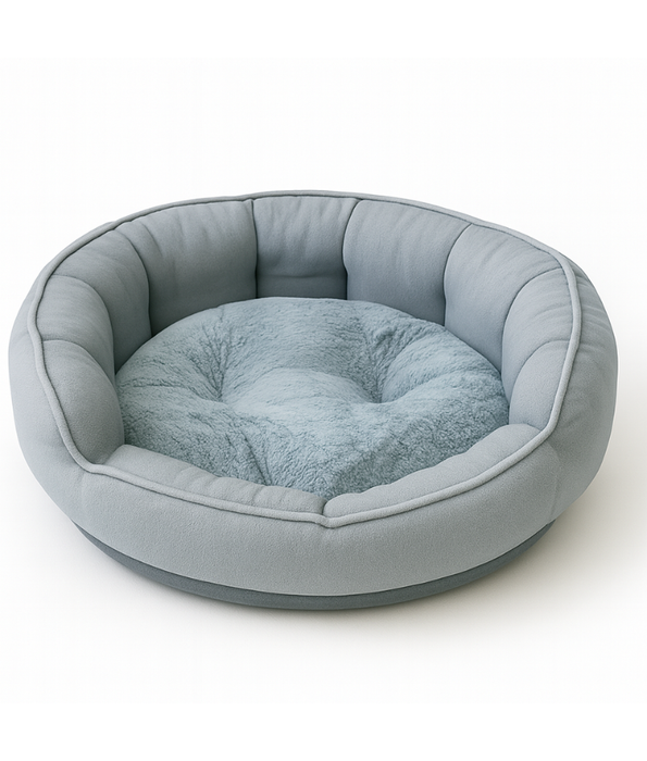 King Queen Beds - Round Dog & Cat Bed, Grey Fabric with Plush Faux Fur Cushion, Anti-Slip, Washable - 60×50×17 cm