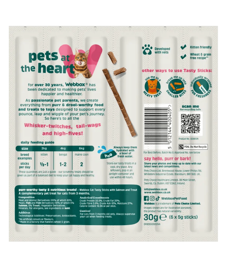 Webbox - Tasty Sticks Salmon & Trout Cat Treats – Grain Free – 30g (6 Sticks)