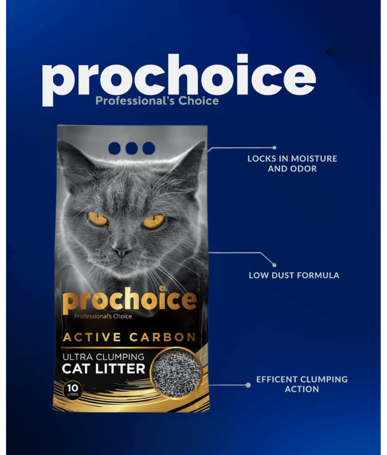 ProChoice - Active Carbon Ultra Clumping Cat Litter, Odor Control – 10L packaging with cat image and features highlighted.