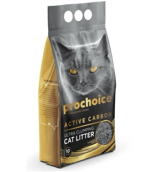 ProChoice - Active Carbon Ultra Clumping Cat Litter, Odor Control – 10L packaging with gray cat image.