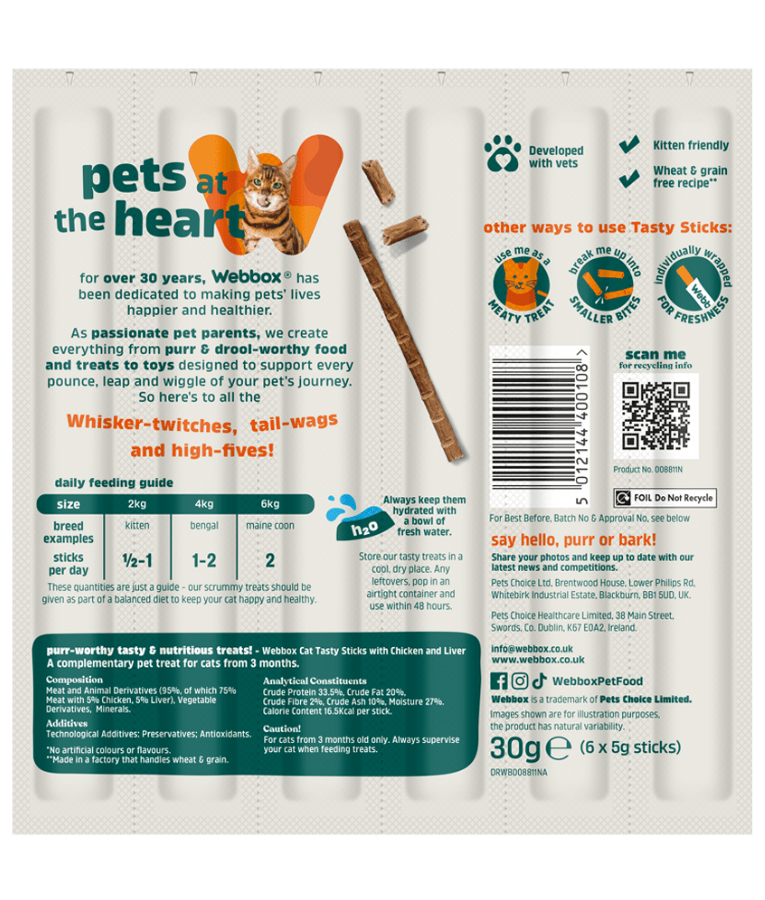 Webbox - Tasty Sticks Chicken & Liver Cat Treats – Grain Free – 30g (6 Sticks)