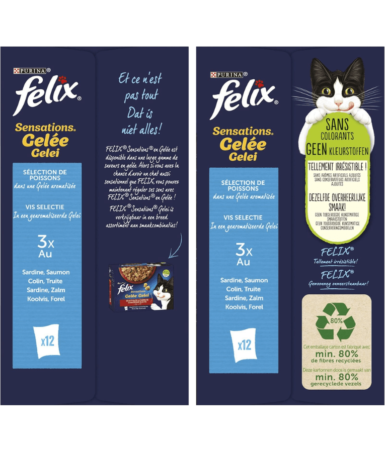 Purina Felix - Sensations in Jelly Adult Cat Wet Food – Salmon, Trout, Sardine, Pollock – Selection – 12 x 85g Pouches packaging