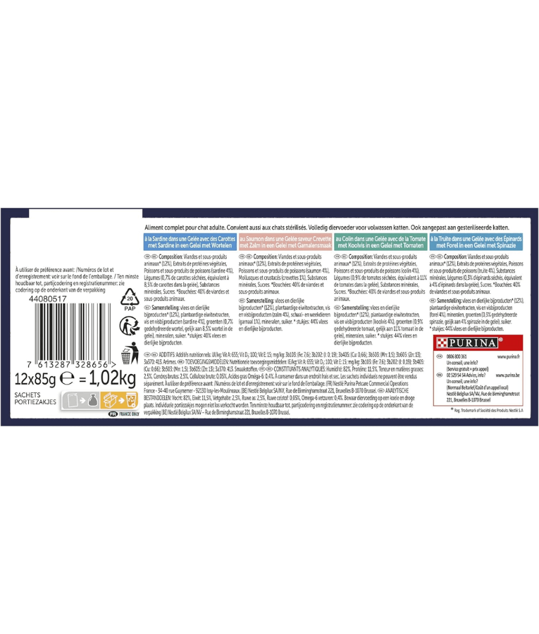 Purina Felix - Sensations in Jelly Adult Cat Wet Food – Salmon, Trout, Sardine, Pollock – Selection – 12 x 85g Pouches package back.