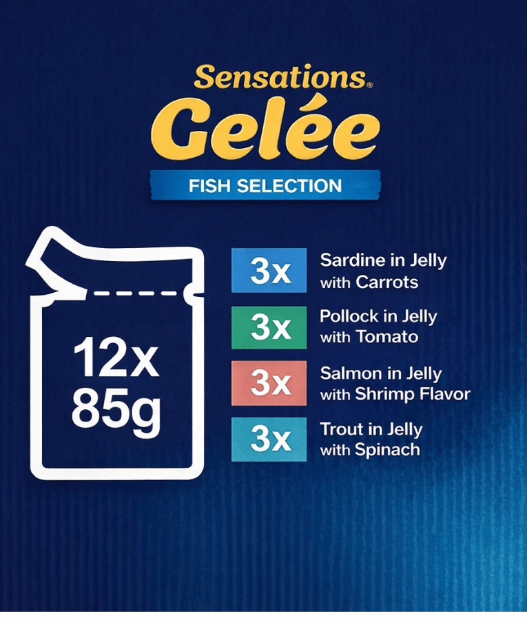 Purina Felix - Sensations in Jelly Adult Cat Wet Food – Salmon, Trout, Sardine, Pollock – Selection – 12 x 85g Pouches product information.