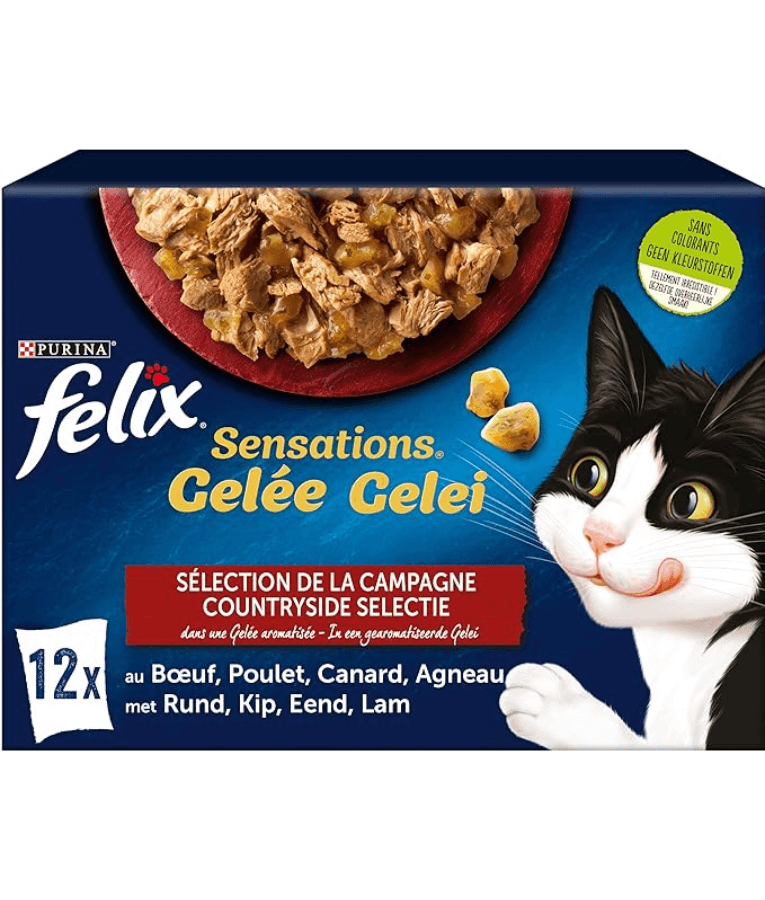 Purina Felix - Sensations in Jelly Adult Cat Wet Food – Beef, Chicken, Duck & Lamb, Adult – 12x85g packaging with cat.