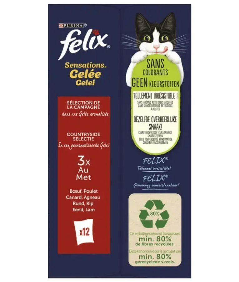 Purina Felix - Sensations in Jelly Adult Cat Wet Food – Beef, Chicken, Duck & Lamb, Adult – 12x85g packaging