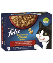 Purina Felix - Sensations in Jelly Adult Cat Wet Food – Beef, Chicken, Duck & Lamb, Adult – 12x85g packaging with cat.