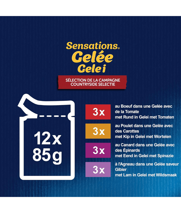 Purina Felix - Sensations in Jelly Adult Cat Wet Food – Beef, Chicken, Duck & Lamb, Adult – 12x85g product packaging information