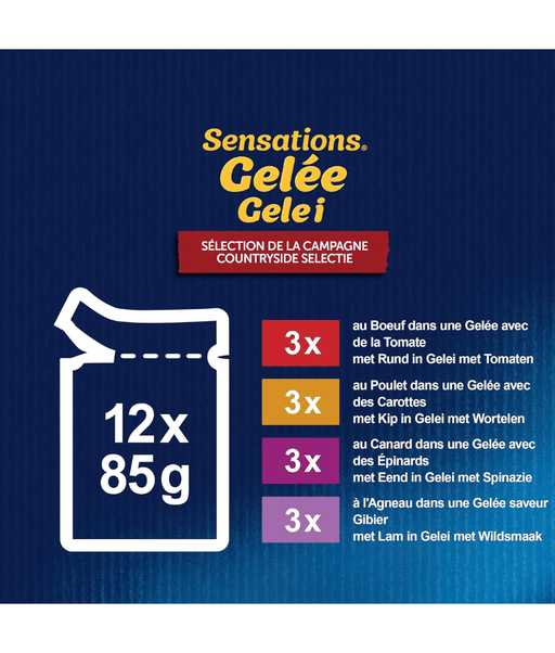 Purina Felix - Sensations in Jelly Adult Cat Wet Food – Beef, Chicken, Duck & Lamb, Adult – 12x85g product packaging information