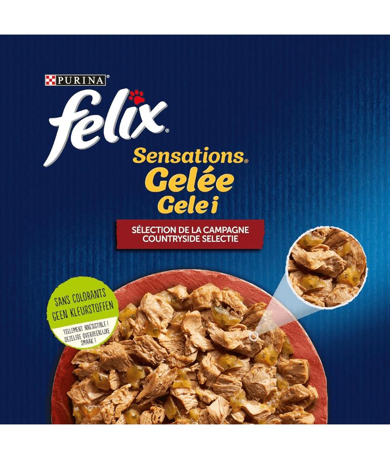 Purina Felix - Sensations in Jelly Adult Cat Wet Food – Beef, Chicken, Duck & Lamb, Adult – 12x85g packaging with meat in jelly.