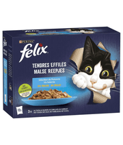 Purina Felix – Tender Shredded Cat Wet Food in Jelly – Tuna, Salmon, Cod & Plaice, Adult – 12x85g packaging with a cat.