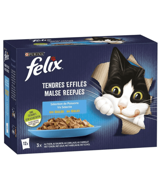 Purina Felix – Tender Shredded Cat Wet Food in Jelly – Tuna, Salmon, Cod & Plaice, Adult – 12x85g packaging with a cat.