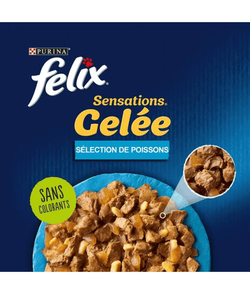Purina Felix – Tender Shredded Cat Wet Food in Jelly – Tuna, Salmon, Cod & Plaice, Adult – 12x85g in a blue bowl.