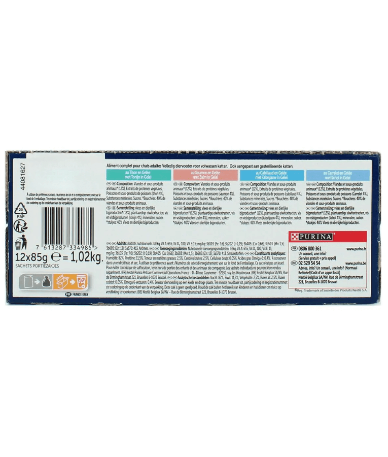 Purina Felix – Tender Shredded Cat Wet Food in Jelly – Tuna, Salmon, Cod & Plaice, Adult – 12x85g packaging with nutritional information.