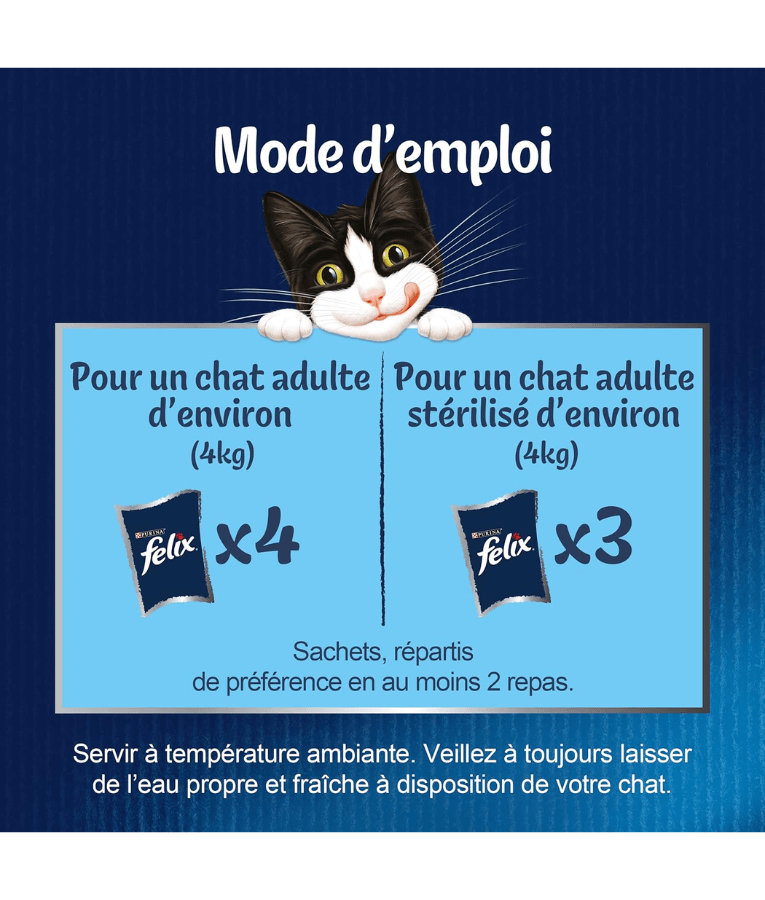Mode d'emploi de Purina Felix - Tendres Effilés en Sauce Adult Cat Wet Food pour chats adultes et stérilisés.