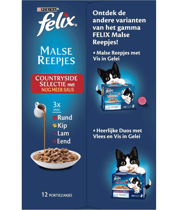 Purina Felix - Tendres Effilés en Sauce Adult Cat Wet Food – Beef, Chicken, Lamb & Duck, Adult – 12x85g
