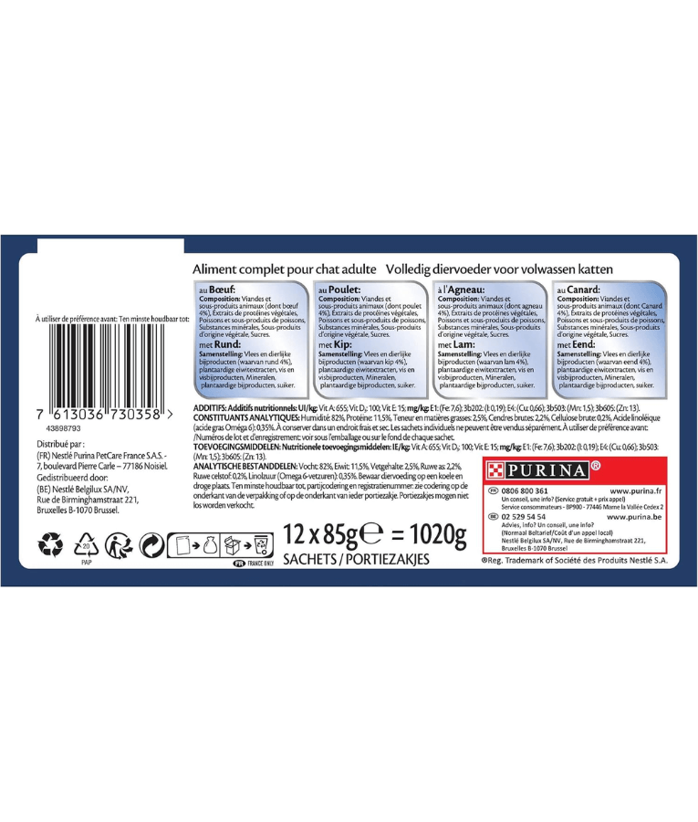 Purina Felix - Tendres Effilés en Sauce Adult Cat Wet Food – Beef, Chicken, Lamb & Duck, Adult – 12x85g packaging and ingredients information.
