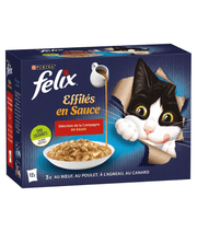 Purina Felix - Tendres Effilés en Sauce Adult Cat Wet Food – Beef, Chicken, Lamb & Duck, Adult – 12x85g packaging with cat and dish.