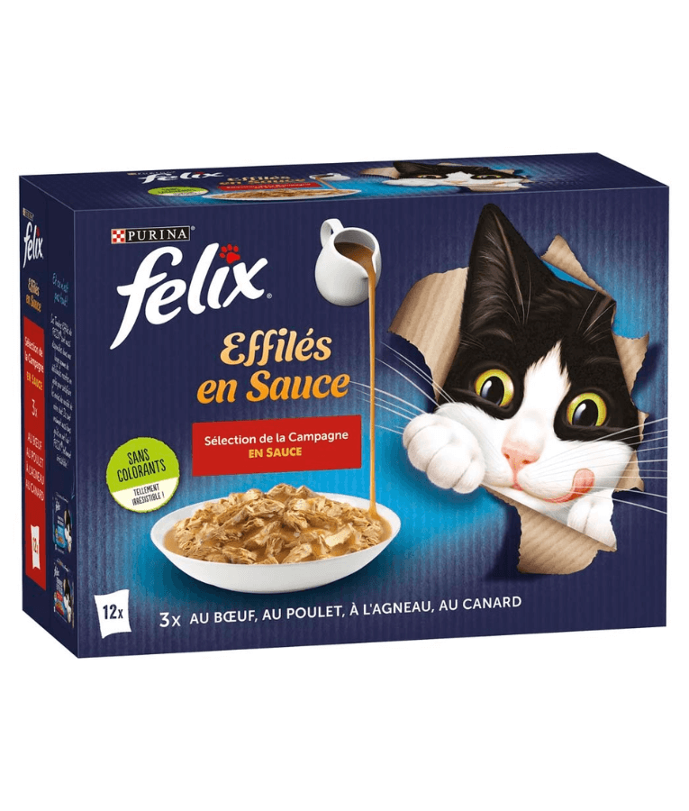 Purina Felix - Tendres Effilés en Sauce Adult Cat Wet Food – Beef, Chicken, Lamb & Duck, Adult – 12x85g packaging with cat and dish.