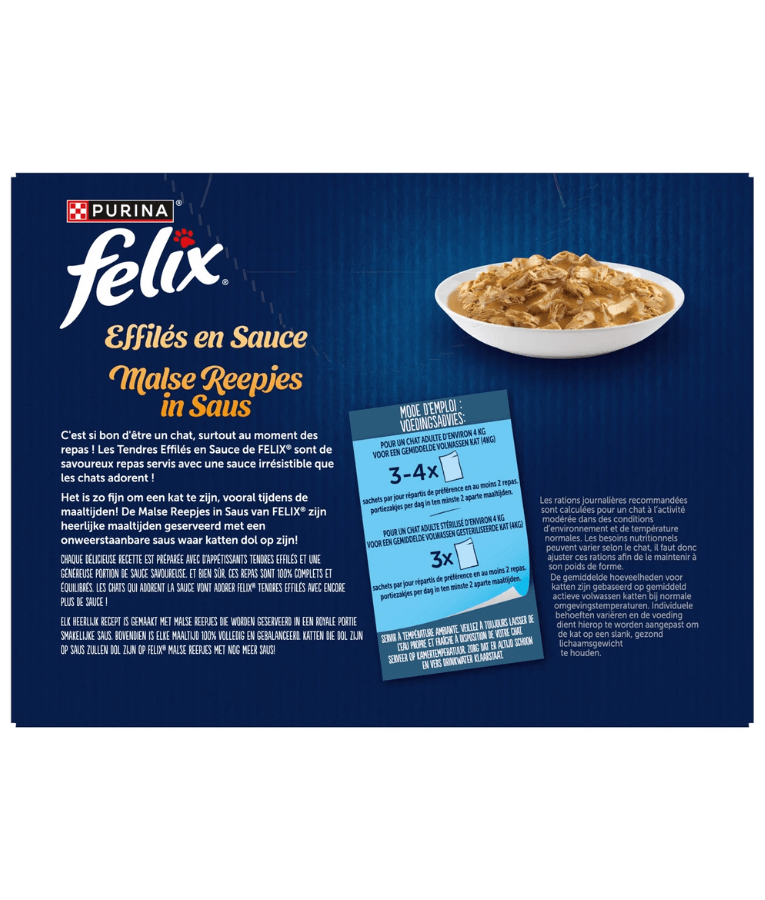 Purina Felix - Tendres Effilés en Sauce Adult Cat Wet Food – Beef, Chicken, Lamb & Duck, Adult – 12x85g packaging with bowl