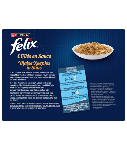 Purina Felix - Tendres Effilés en Sauce Adult Cat Wet Food – Beef, Chicken, Lamb & Duck, Adult – 12x85g packaging with bowl