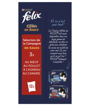 Purina Felix - Tendres Effilés en Sauce Adult Cat Wet Food – Beef, Chicken, Lamb & Duck, Adult – 12x85g packaging and flavor details.