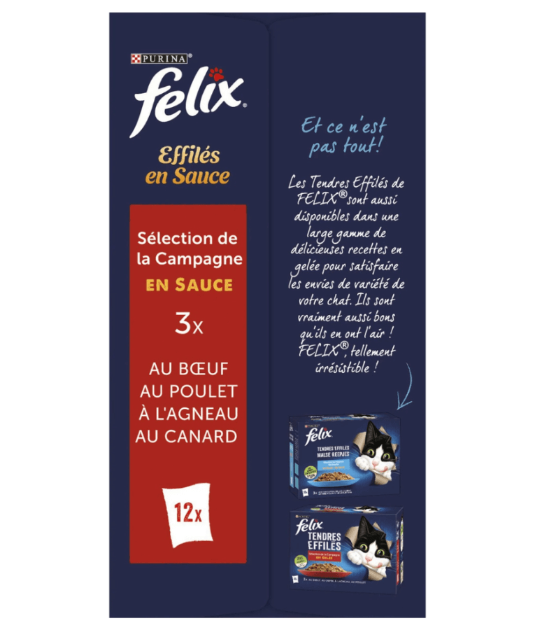 Purina Felix - Tendres Effilés en Sauce Adult Cat Wet Food – Beef, Chicken, Lamb & Duck, Adult – 12x85g packaging and flavor details.