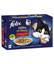 Purina Felix - Tendres Effilés en Sauce Adult Cat Wet Food – Beef, Chicken, Lamb & Duck, Adult – 12x85g packaging with cat.