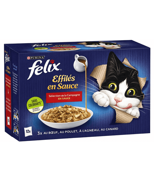 Purina Felix - Tendres Effilés en Sauce Adult Cat Wet Food – Beef, Chicken, Lamb & Duck, Adult – 12x85g packaging with cat.