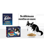Purina Felix - Tendres Effilés en Sauce Adult Cat Wet Food – Beef, Chicken, Lamb & Duck, Adult – 12x85g with cat illustration.