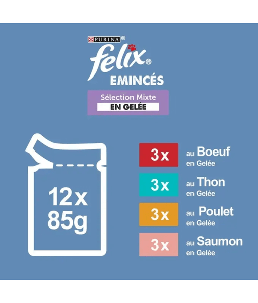 Purina Felix - Tender Shredded Cat Wet Food in Jelly – Beef, Salmon, Chicken & Tuna, Adult – 12x85g package details