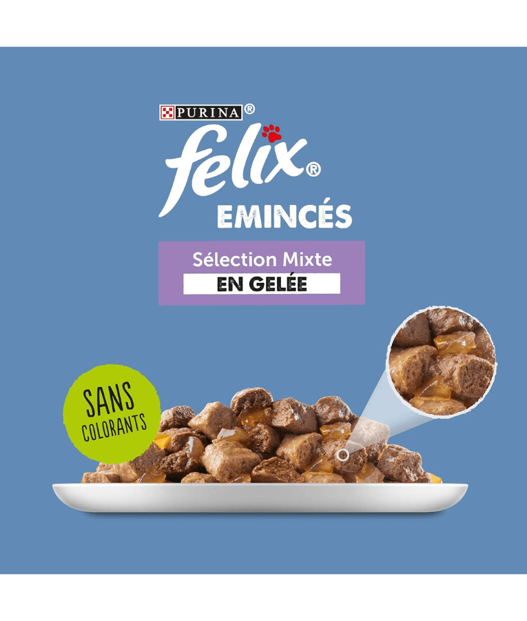 Purina Felix - Tender Shredded Cat Wet Food in Jelly – Beef, Salmon, Chicken & Tuna, Adult – 12x85g on a plate.