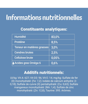 Purina Felix - Tender Shredded Cat Wet Food in Jelly – Beef, Salmon, Chicken & Tuna, Adult – 12x85g nutritional information chart.