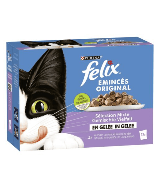 Purina Felix - Tender Shredded Cat Wet Food in Jelly – Beef, Salmon, Chicken & Tuna, Adult – 12x85g packaging image.