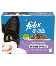 Purina Felix - Tender Shredded Cat Wet Food in Jelly – Beef, Salmon, Chicken & Tuna, Adult – 12x85g packaging and cat face