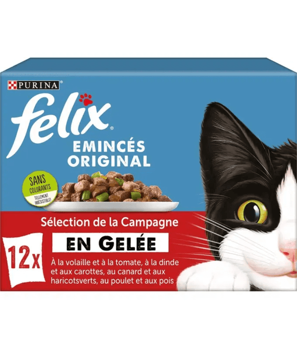 Purina Felix - Emincés Original in Jelly Adult Cat Wet Food – Poultry & Tomato, Duck & Green Beans, Chicken & Peas, Turkey & Carrots – 12x85g