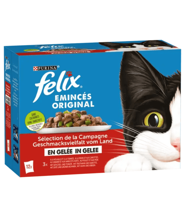 Purina Felix - Emincés Original in Jelly Adult Cat Wet Food – Poultry & Tomato, Duck & Green Beans, Chicken & Peas, Turkey & Carrots – 12x85g